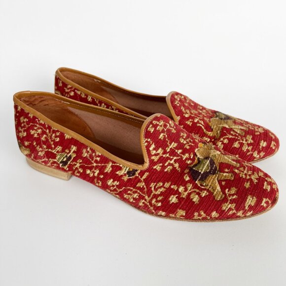 Vintage Smoking Loafer Slip On Flats Slipper Leather Knit Tapestry Eclectic 90s - Picture 1 of 8